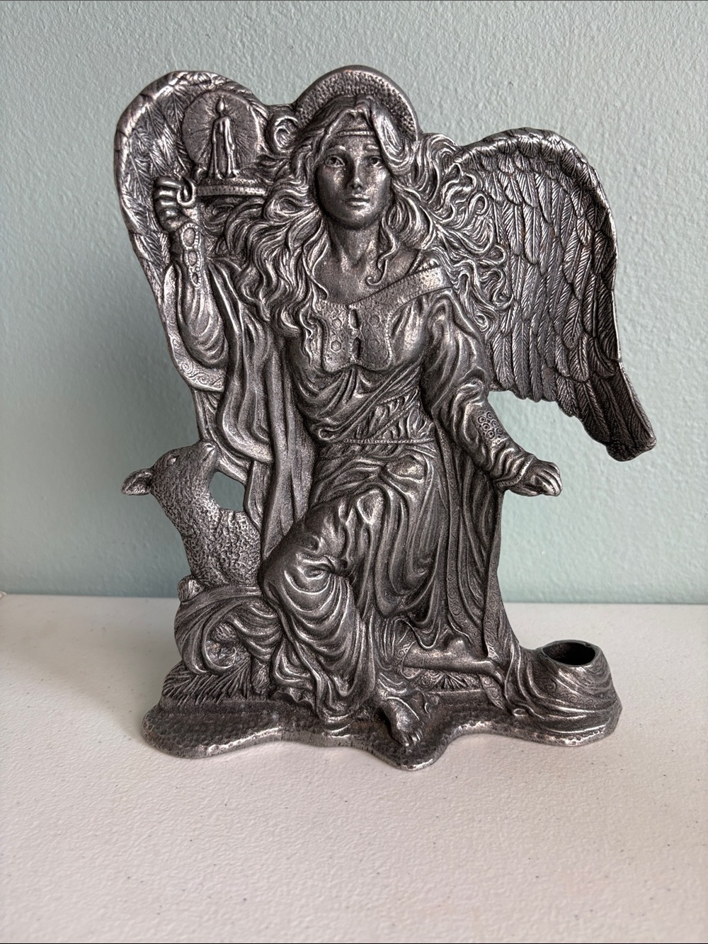 1993 Carson Pewter Angel and Lamb Candle Holder